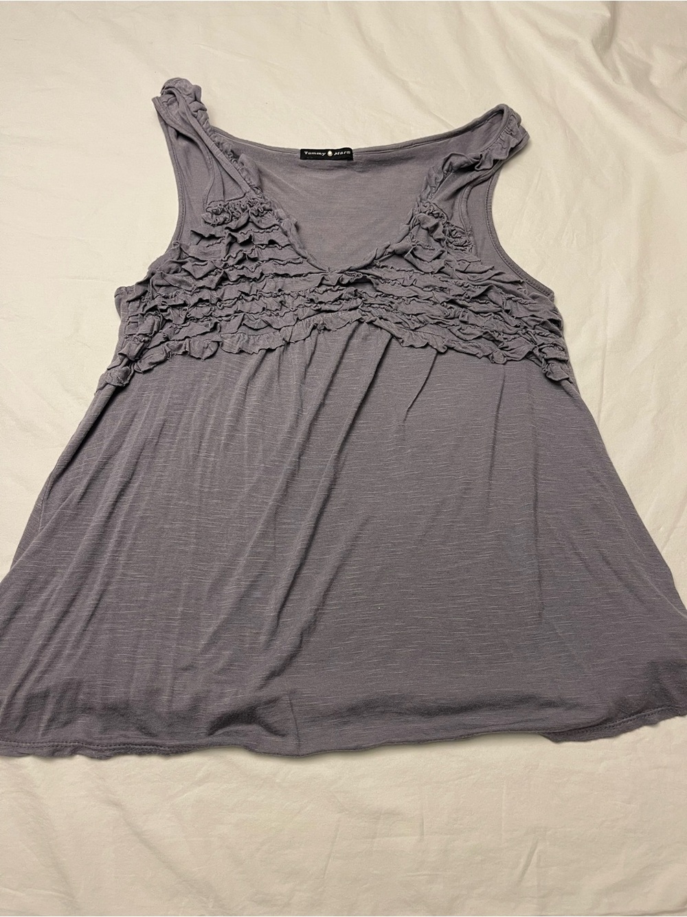 Tammy Mars rayon slub lavendar grey ruffled bodice and neckline tank size M